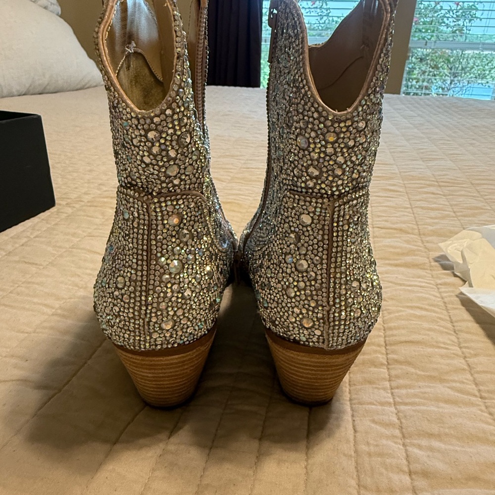 Betsey Johnson Diva Silver Tan Heeled Boots with Rhinestone Embellishments